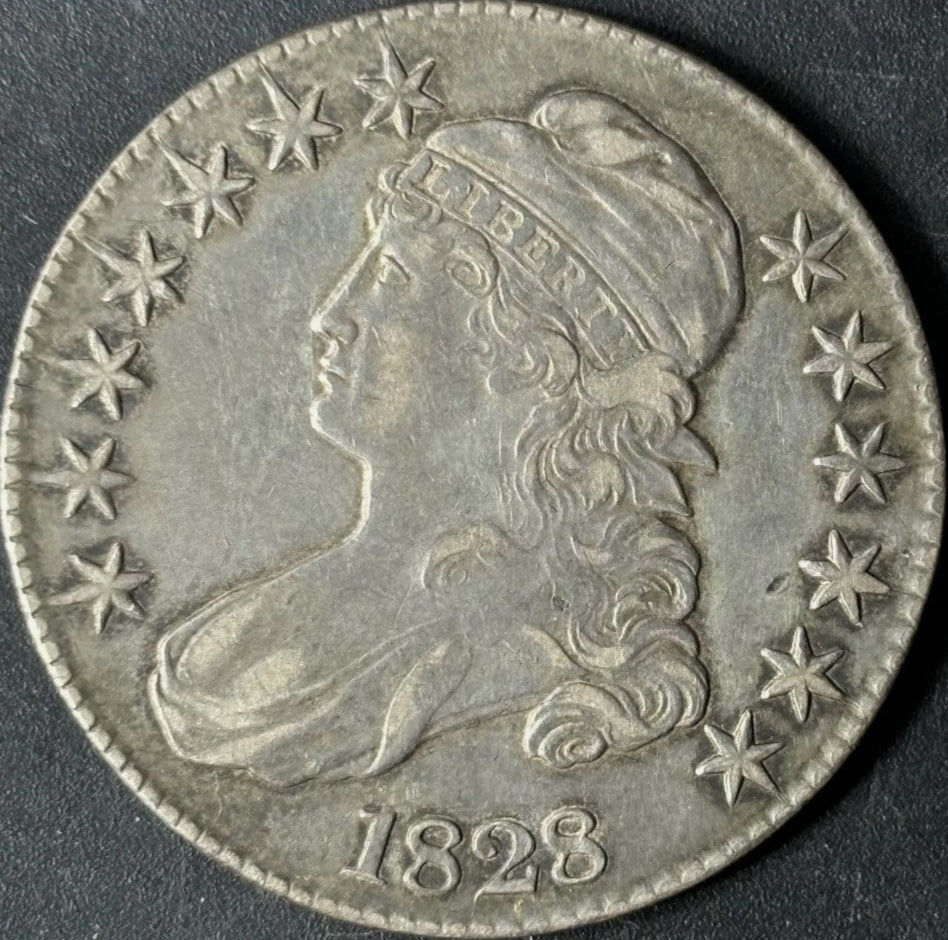 1828 50¢ Capped Bust Sq Base 2, SM8, Large Letters Raw - AU/UNC - See Pictures