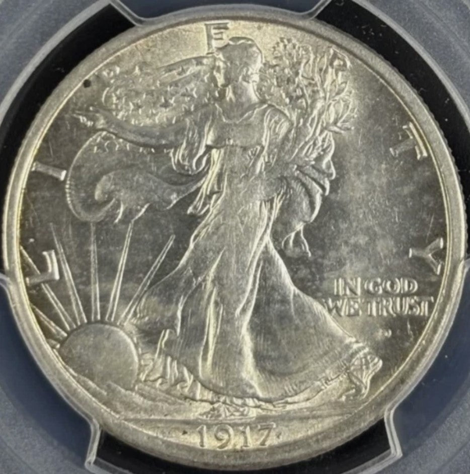 1917-D 50C Walking Liberty Obverse Mint Mark PCGS AU58 - Nice White Coin!