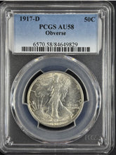 Load image into Gallery viewer, 1917-D 50C Walking Liberty Obverse Mint Mark PCGS AU58 - Nice White Coin!
