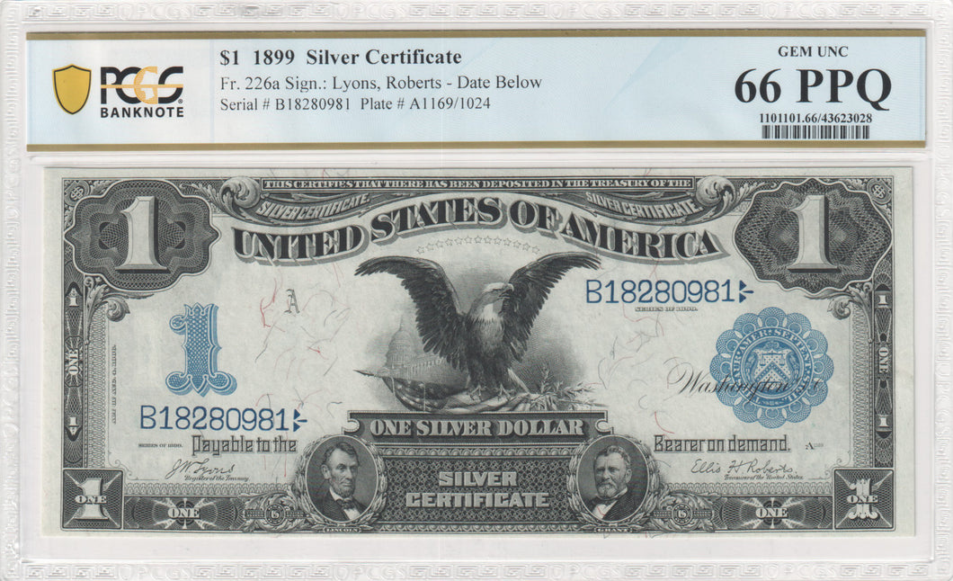 1899 $1 Silver Certificate Fr.226a Black Eagle - PCGS 66 PPQ GEM UNC
