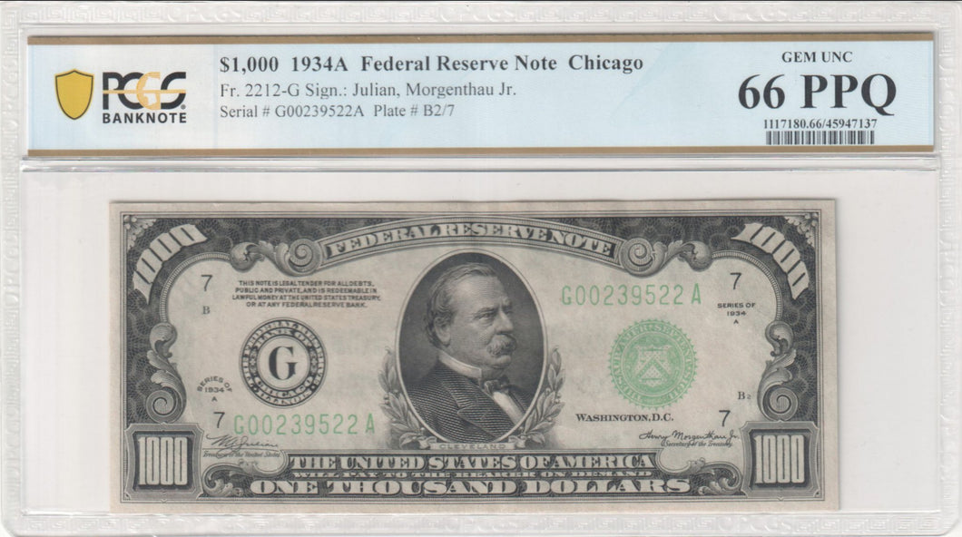 $1000 1934A Federal FRN Chicago FR2212-G PCGS BANKNOTE 66PPQ Exceptional & Rare