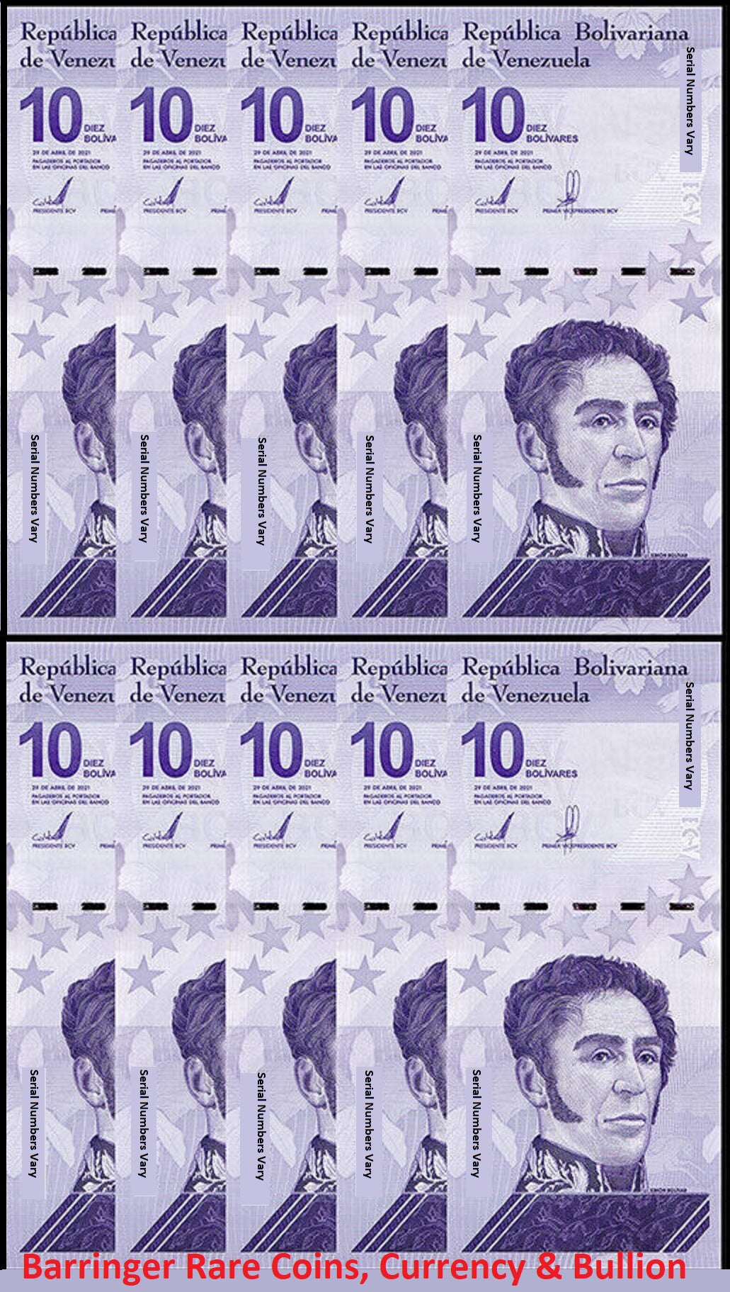 10X Venezuela 2021 10 Bolivares Digitale Banknote UNC 10 Million P119 Per 10 Notes