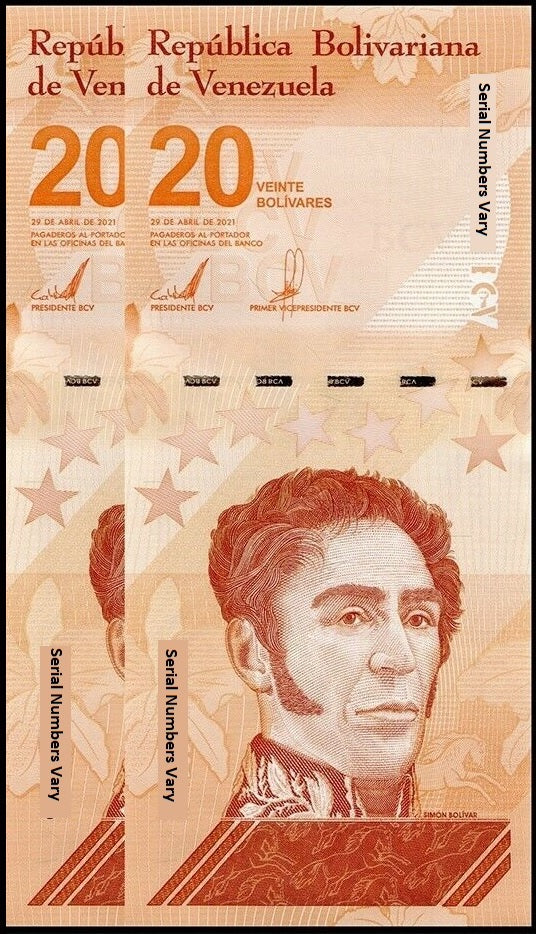 2 X 2021 Venezuela 20 Bolivares Banknote UNC (Uncirculated) P117