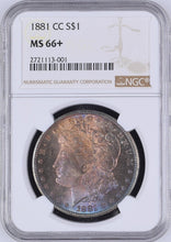 Load image into Gallery viewer, 1881-CC Morgan Silver Dollar NGC MS66+  -  Beautiful Gold, Magenta, Blue &amp; Green
