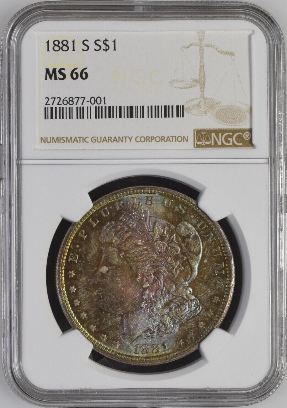 1881-S Morgan Silver Dollar NGC MS66  - -  Orange, Blue & Magenta Toned Gem