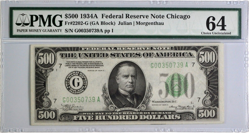 1934-A $500 Federal Reserve Note - Fr. 2202-G - Chicago - PMG Choice Unc 64