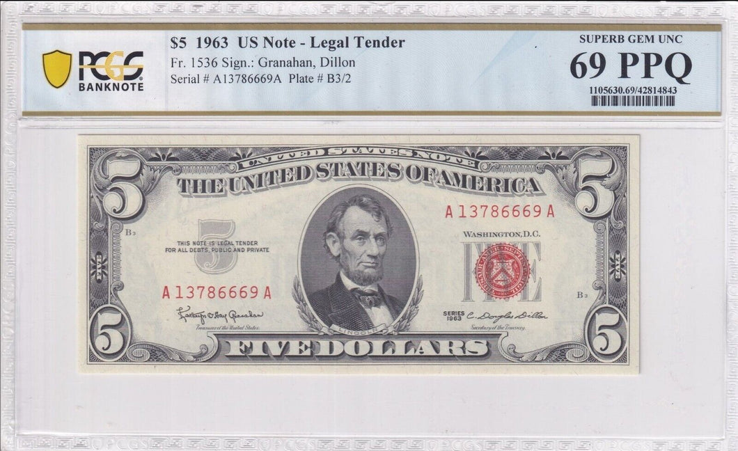 1963 $5 Legal Tender STAR Fr 1536 PCGS Banknote 69 PPQ - POP Of 1