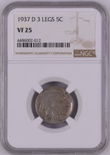 Load image into Gallery viewer, 1937-D 5¢ Buffalo Nickel 3 Legs -- NGC VF25

