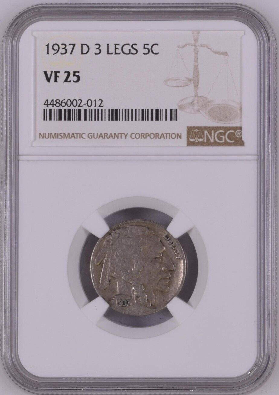1937-D 5¢ Buffalo Nickel 3 Legs -- NGC VF25