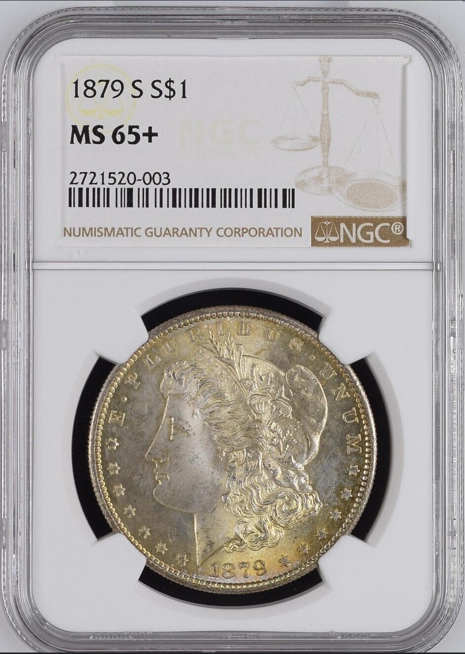 1879-S $1 Morgan Silver Dollar NGC MS65+ (CAC) - - Frosty Golden Gem