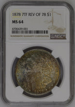 Load image into Gallery viewer, 1878 7tf $1 Morgan Silver Dollar NGC MS64 -- Reverse of 78 - Beautiful Toning
