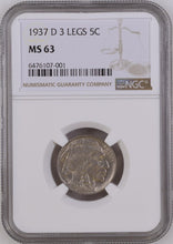 Load image into Gallery viewer, 1937-D 5¢ Buffalo Nickel 5c  NGC MS63  3 Legs Beautiful Coin
