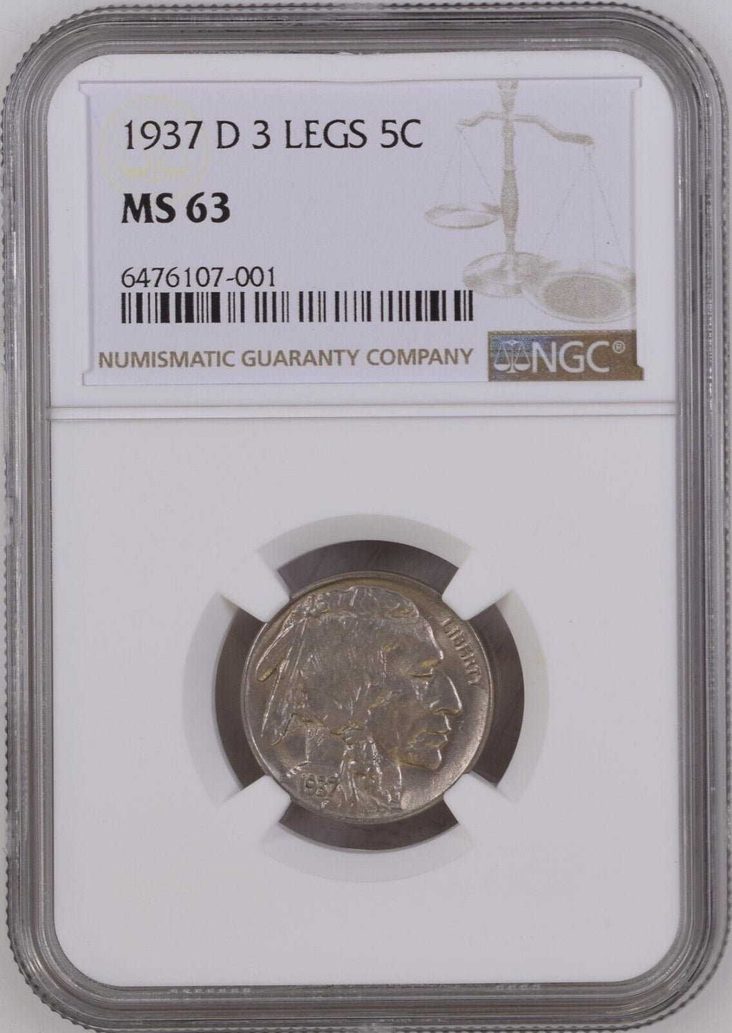 1937-D 5¢ Buffalo Nickel 5c  NGC MS63  3 Legs Beautiful Coin