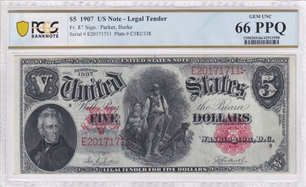 1907 $5 Legal Tender Note 'WoodChopper' - PCGS Banknote Gem Unc 66 PPQ