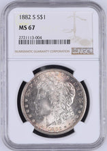 Load image into Gallery viewer, 1882-S Morgan Silver Dollar NGC MS67- w/ Light Peripheral Golden Toning - Pretty
