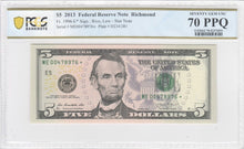 Load image into Gallery viewer, 2013 STAR $5 Federal Reserve Notes Richmond Fr 1996-E -- PMG Banknote 70 PPQ!!
