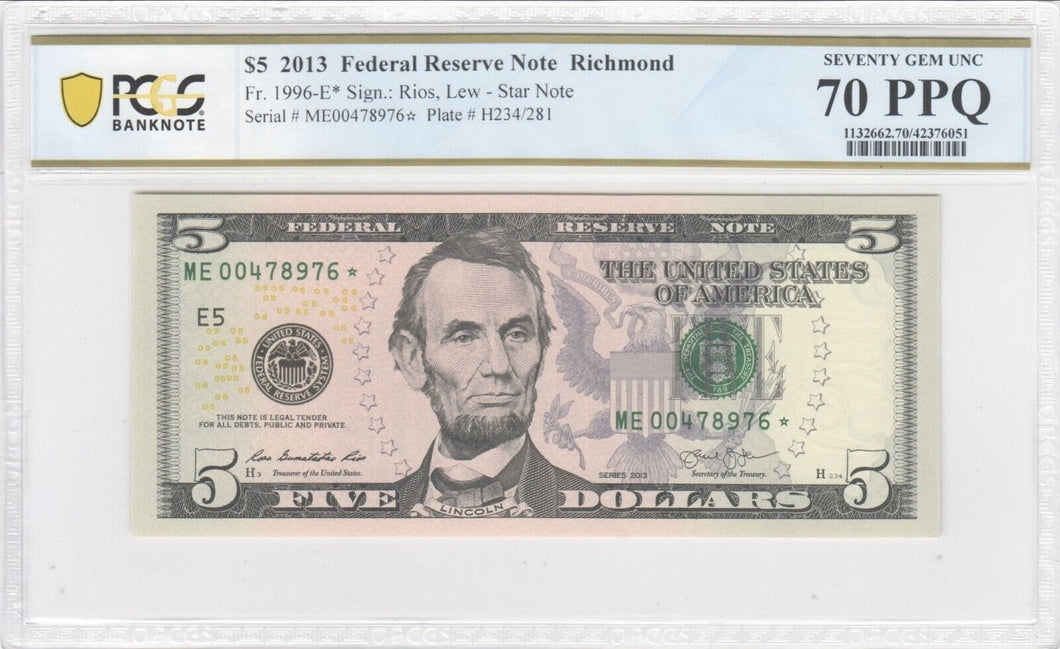 2013 STAR $5 Federal Reserve Notes Richmond Fr 1996-E -- PMG Banknote 70 PPQ!!