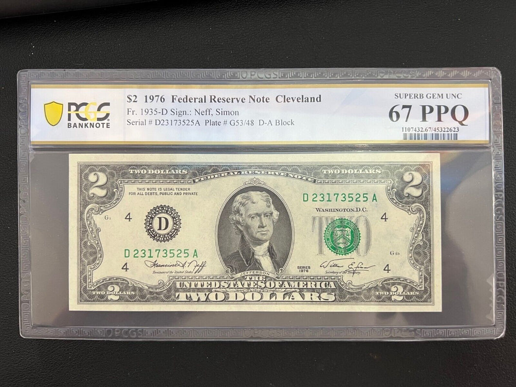 1976 $2 FRN Fr 1935-D (DA Block) Cleveland ---- PCGS Banknote 67 PPQ Superb GEM
