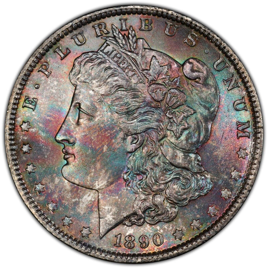 1890-P Morgan Silver Dollar PCGS MS65+  Pretty Sea Green, Blue & Burgundy Toning