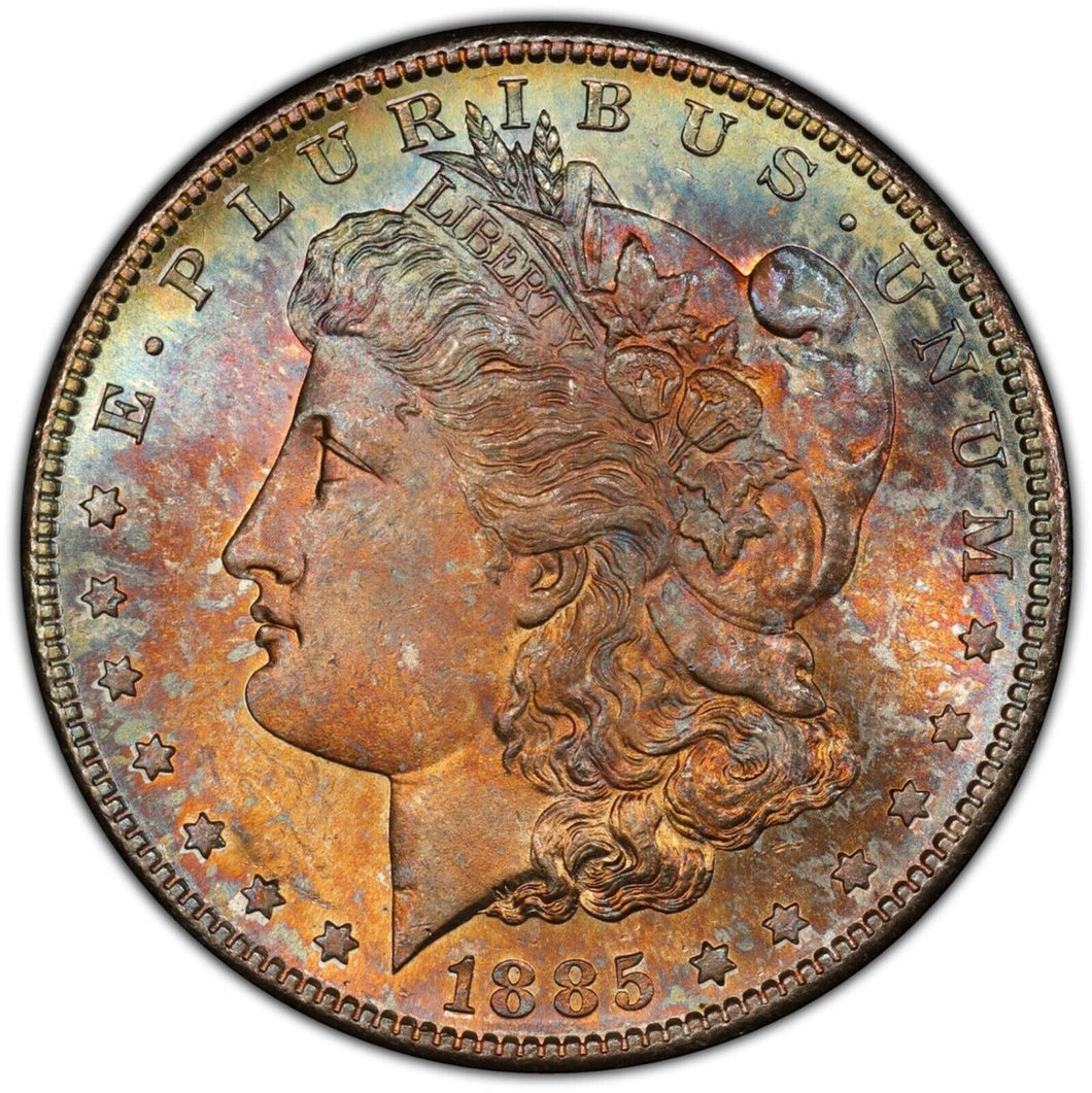 1885-S Morgan Silver Dollar PCGS MS65  -   Orange, Burgundy, Green & Blue Toning