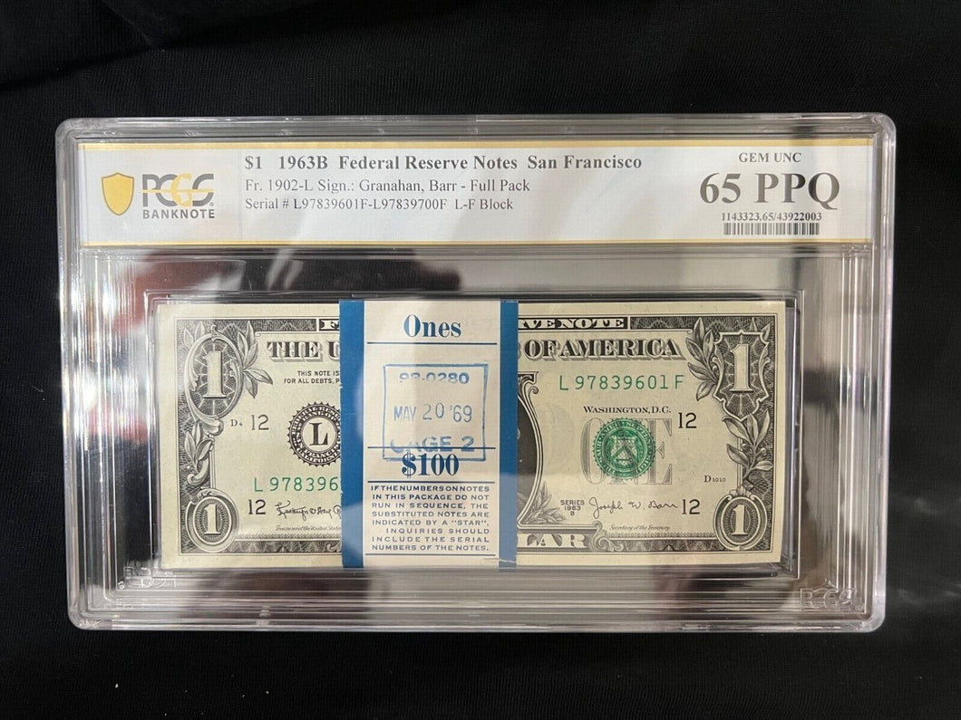 1963 $1 Federal Reserve BARR Notes PCGS Slabbed 100 Consecutive Count Stack MS65