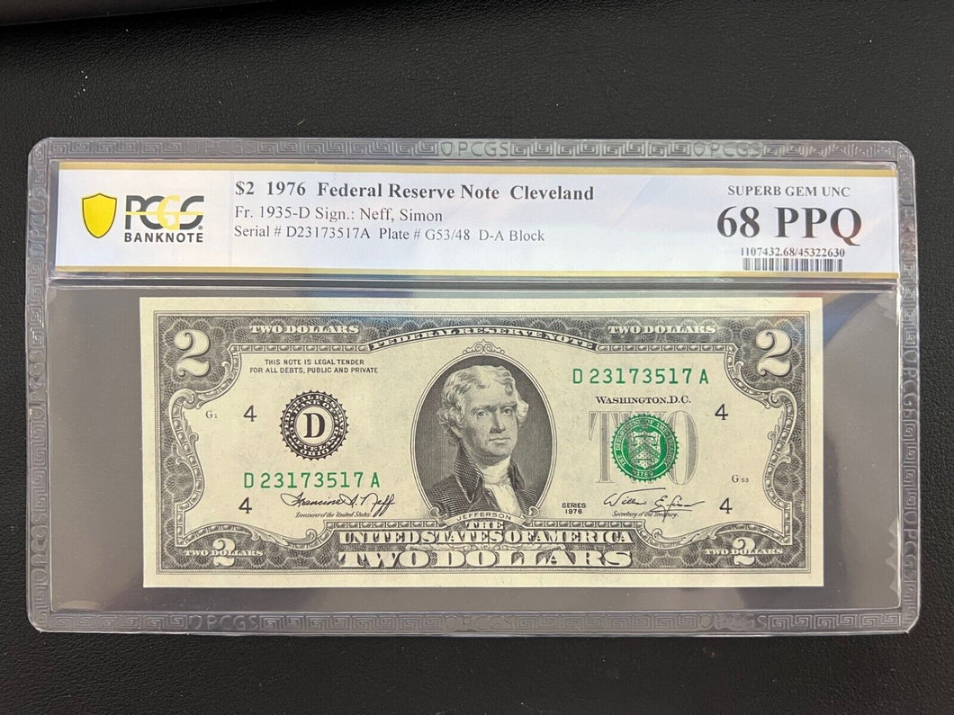 1976 $2 FRN Fr 1935-D (DA Block) Cleveland ---- PCGS Banknote 68 PPQ Superb GEM