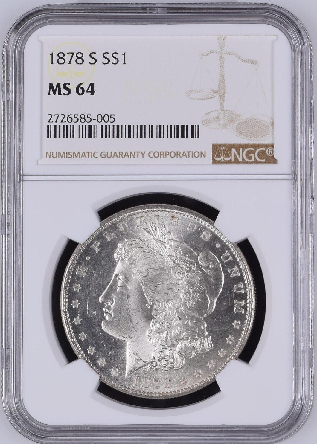 1878-S $1 Morgan Silver Dollar NGC MS64 -- Beautiful Coin