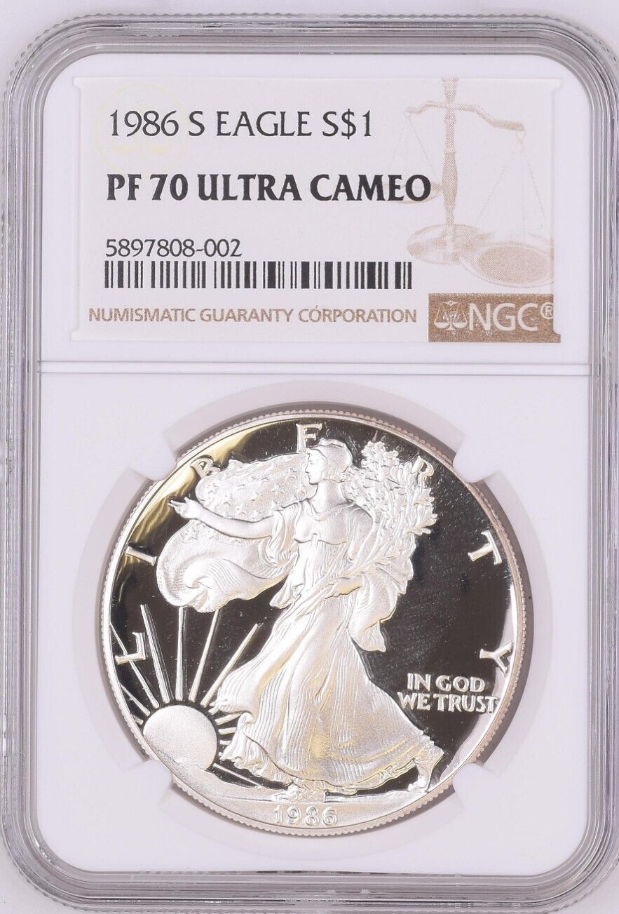 1986-S Silver Eagle Proof -- NGC PF70 Ultra Cameo Gem - No Spots