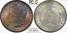 Load image into Gallery viewer, 1881-CC $1 Morgan Silver Dollar PCGS MS65  - Pretty Golden, Blue &amp; Magenta Tones

