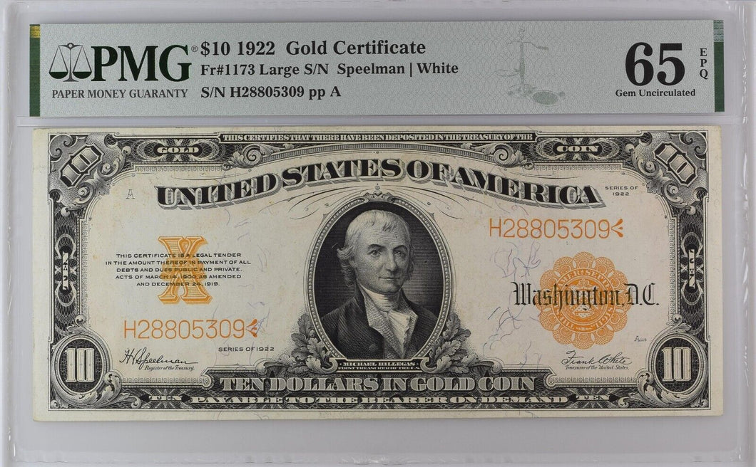 1922 $10 Gold Certificate FR 1173 Spellman/White PMG 65 EPQ  High Quality!