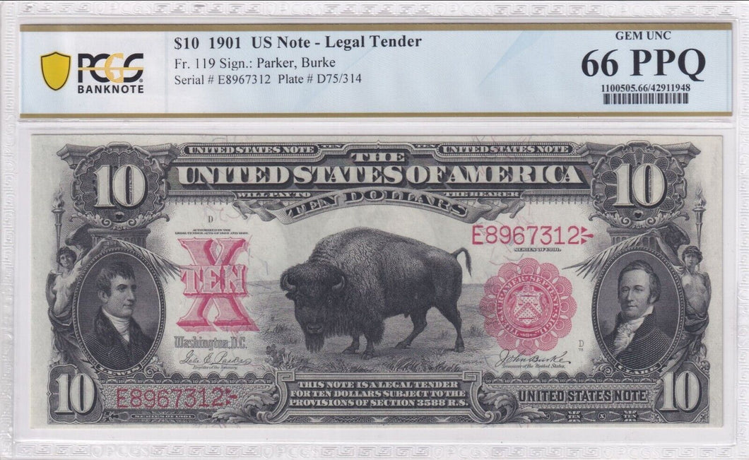 1901 $10 Legal Tender Bison Note FR 119  PCGS Banknote - GEM UNC 66PPQ