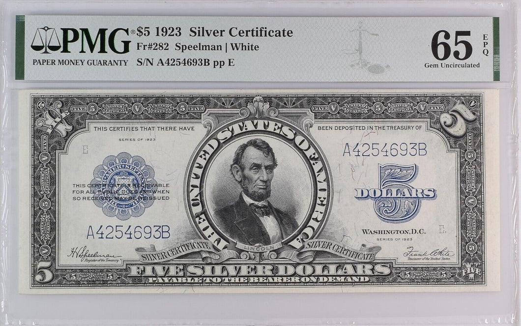 1923 $5 Silver Certificate Porthole FR 282 Gem PMG CU 65 EPQ - Rare Note!