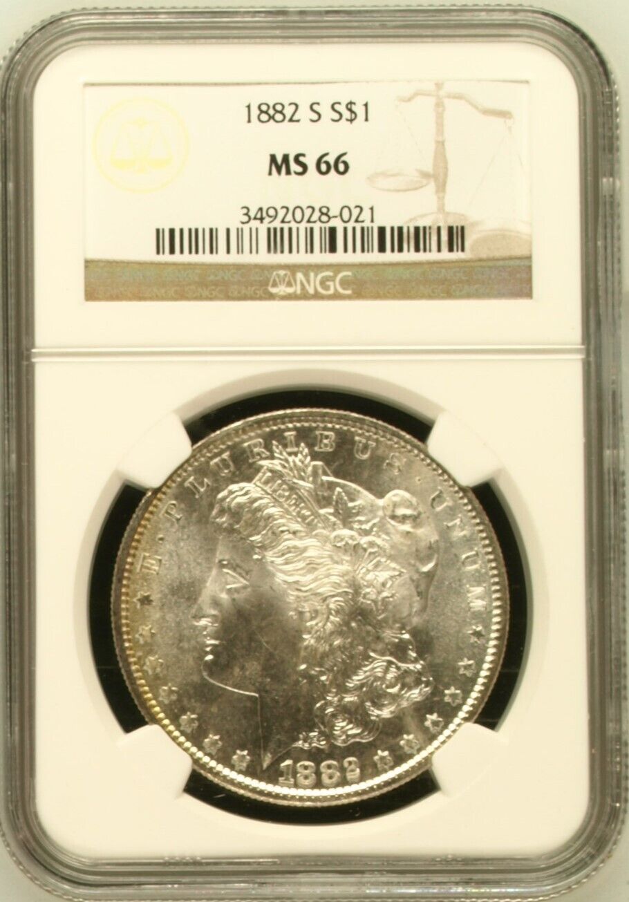 1882-S Morgan Silver Dollar NGC MS66 Frosty, Blast White Obv & Blueberry Reverse