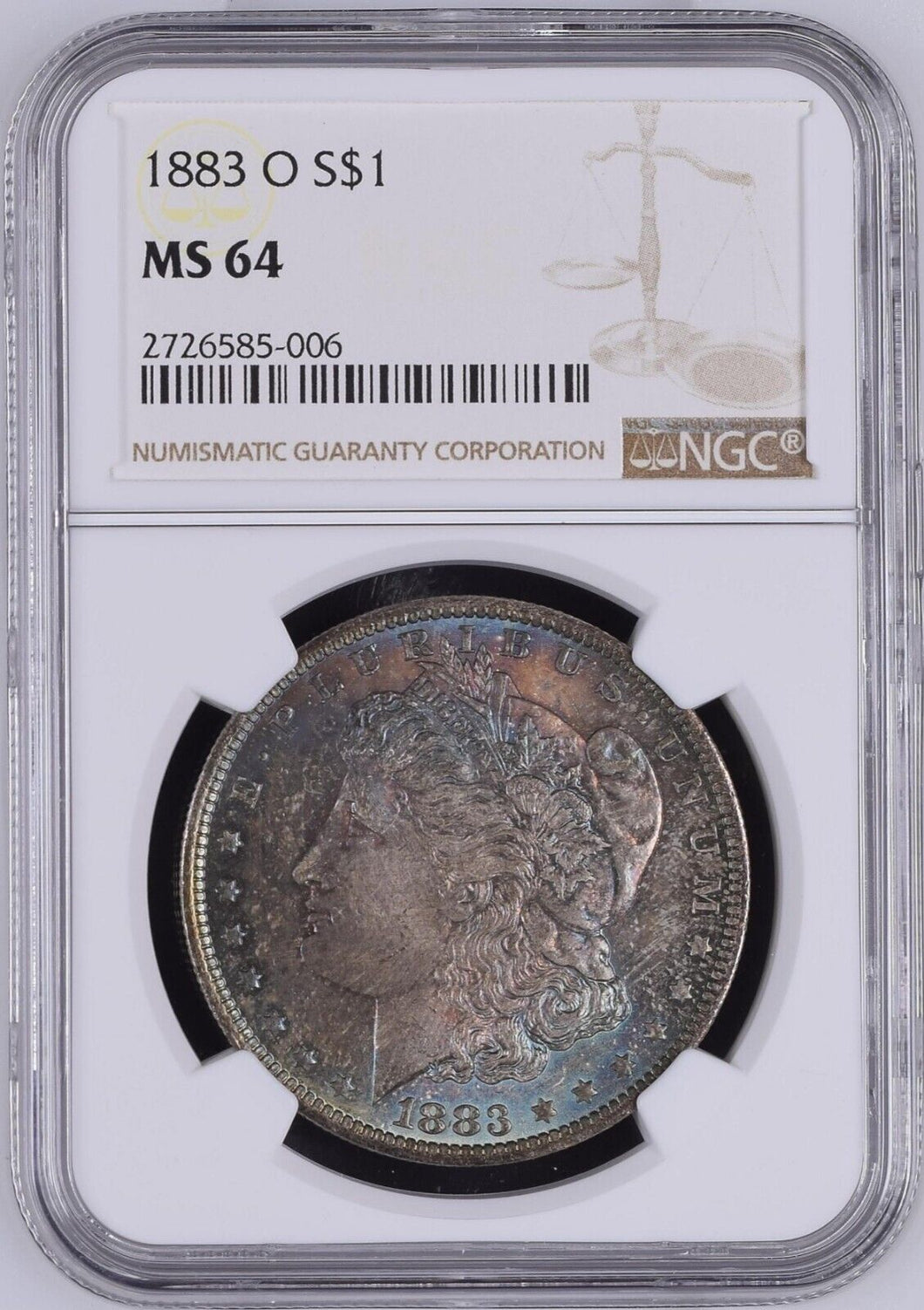 1883-O Morgan Silver Dollar NGC MS64 - - Sea Green, Blue and Golden Toned