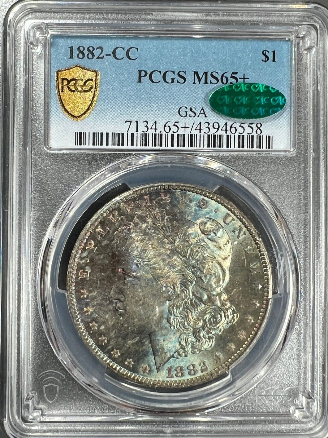 1882-CC Morgan Silver Dollar PCGS MS65+ (CAC) - - Variegated Turquoise & Golden