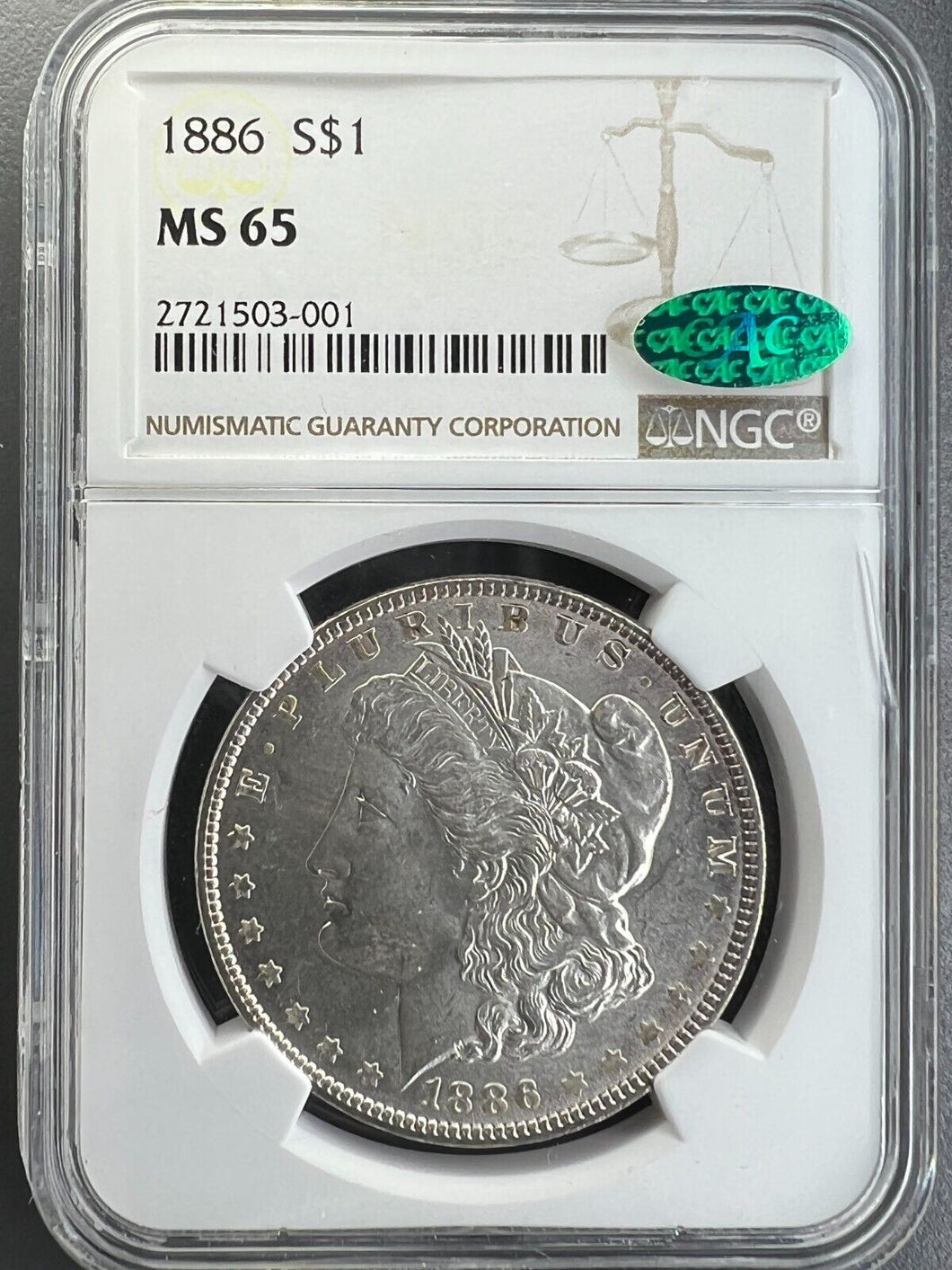 1886-P Morgan Silver Dollar NGC MS65 CAC  -  -  Blast White Satin Coin