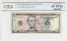 Load image into Gallery viewer, 2013 STAR $5 Federal Reserve Notes Richmond Fr 1996-E -- PMG Banknote 69 PPQ!!
