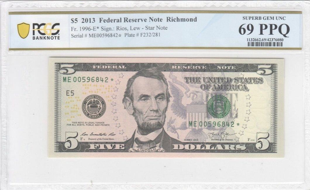 2013 STAR $5 Federal Reserve Notes Richmond Fr 1996-E -- PMG Banknote 69 PPQ!!