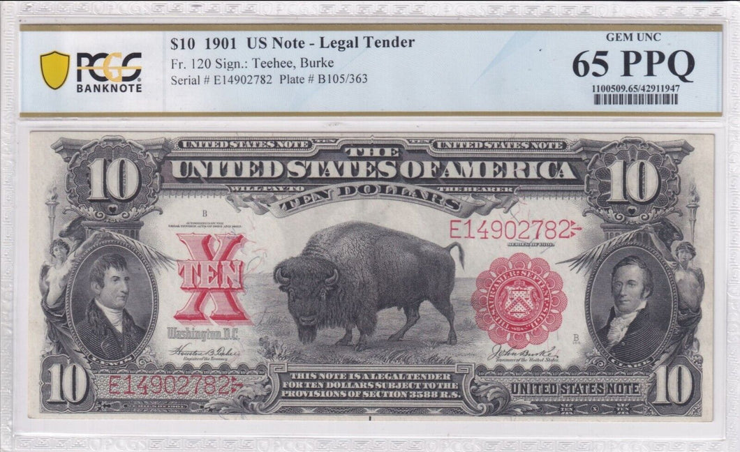 1901 $10 Legal Tender Bison Note Fr 120 PCGS Banknote - GEM UNC 65PPQ
