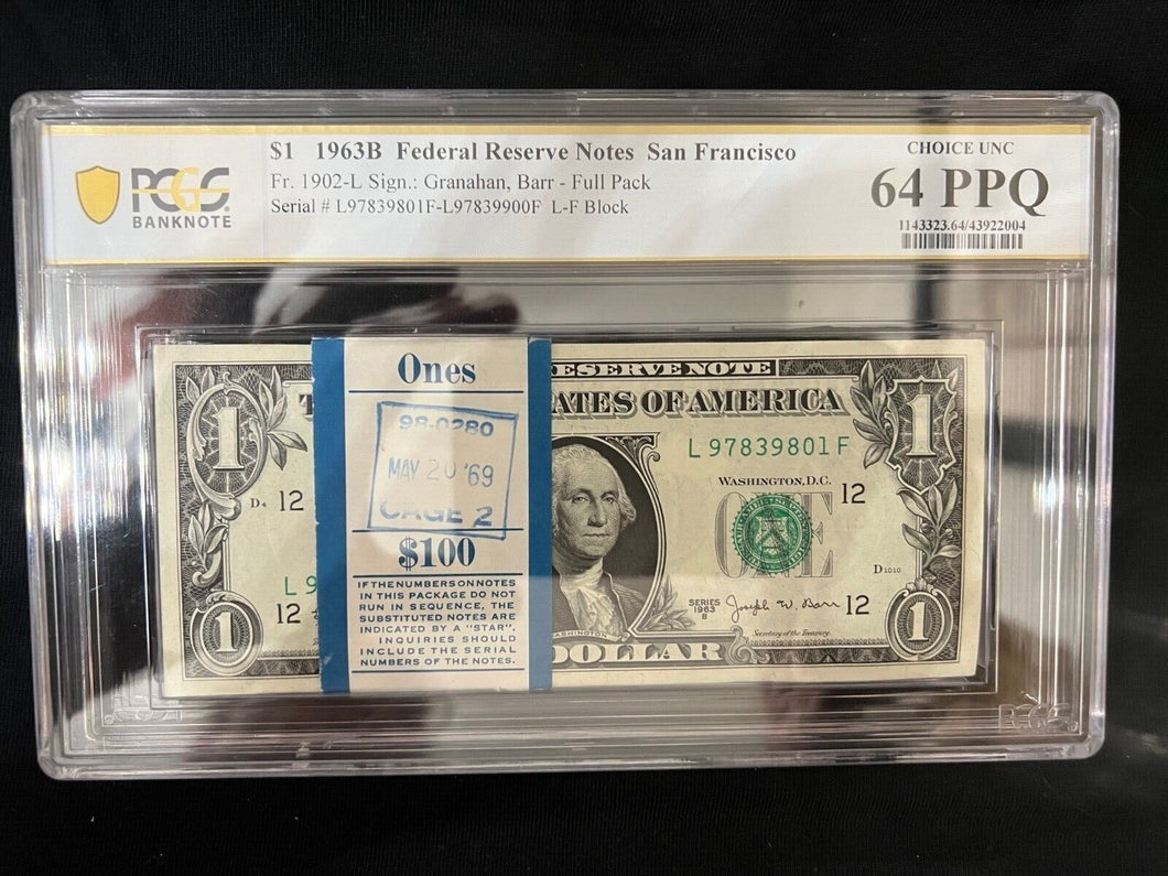 1963 $1 Federal Reserve BARR Notes PCGS Slabbed 100 Consecutive Count Stack MS64