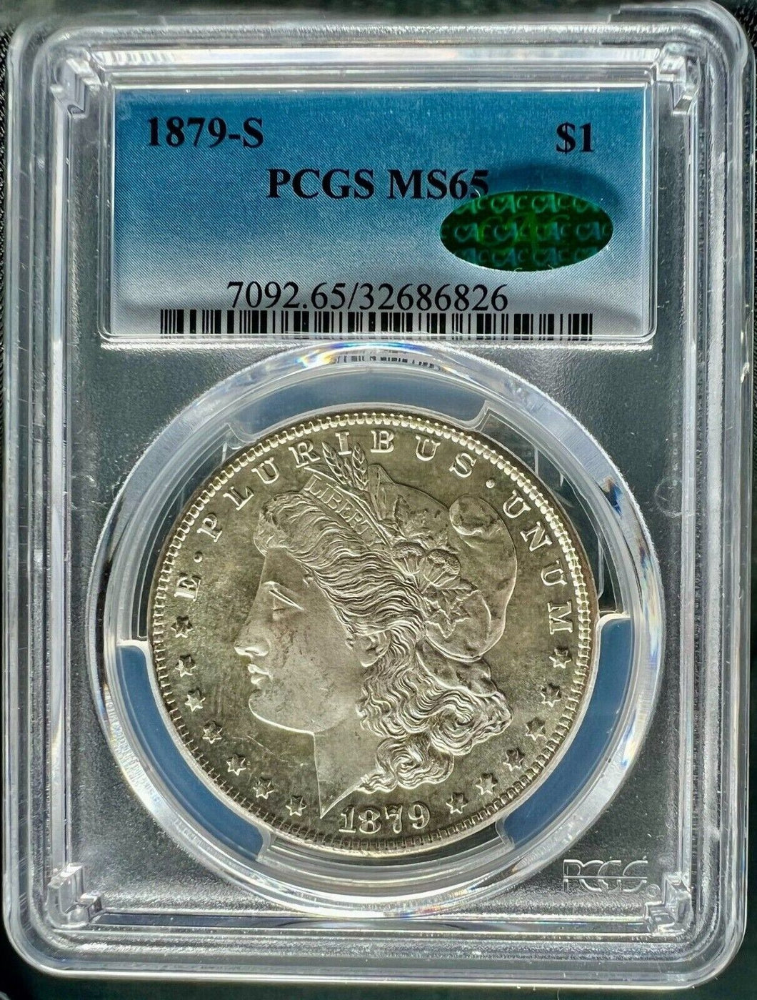 1879-S $1 Morgan Silver Dollar PCGS MS65 (CAC) - - Frosty Blast White Gem