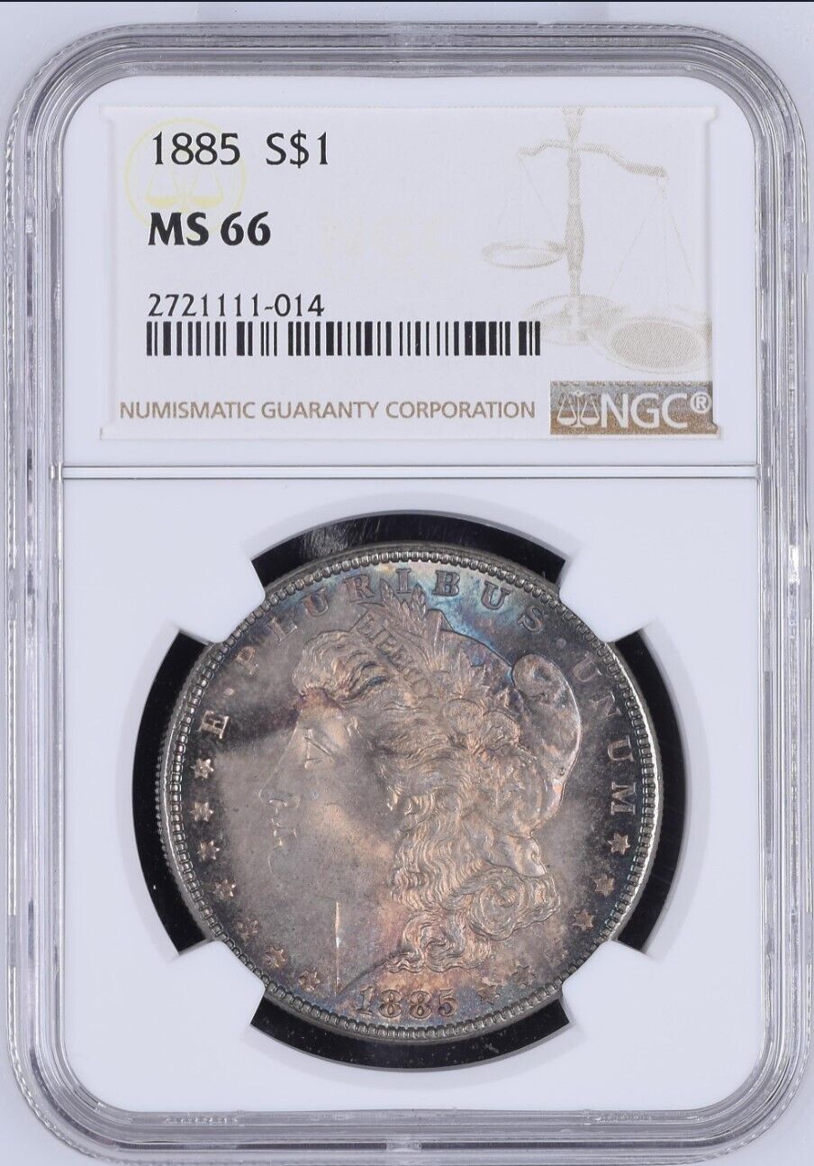 1885-P Morgan Silver Dollar NGC MS66  -  -  Gold, Blue, Green & Orange Toning