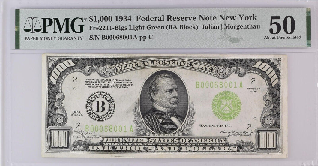 1934 $1000 Federal Reserve Note New York FR 2211-B PMG 50 Beautiful Note