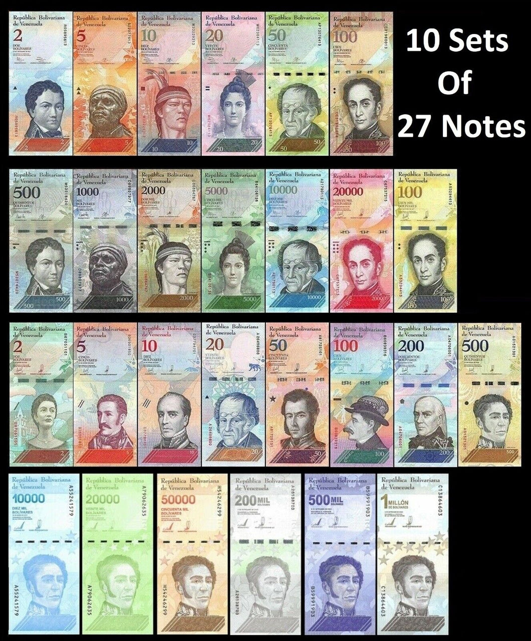 Venezuela - 2-100,000 Bolivares & 2-1mil Soberanos 10x Sets of 27 Notes