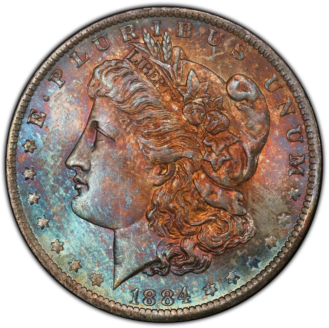 1884-O Morgan Silver Dollar PCGS MS65 - Green, Blue, Orange & Burgundy Toned Gem