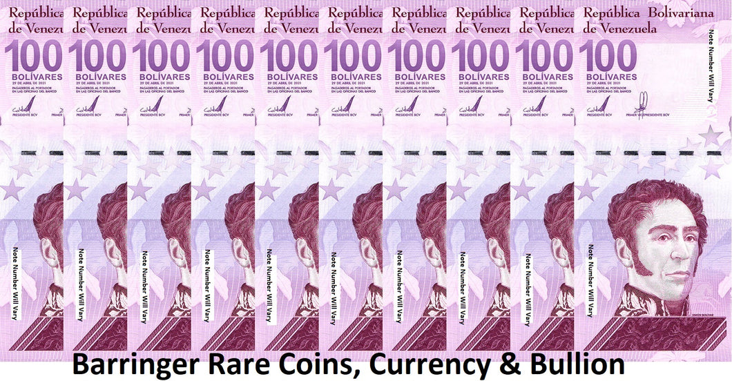 Venezuela 2021 100 Bolivares Digitale Banknotes UNC 100 Million P119 Per 10 Notes