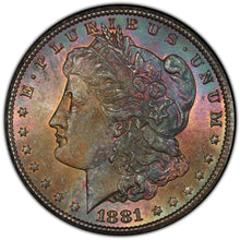 Load image into Gallery viewer, 1881-CC $1 Morgan Silver Dollar PCGS MS65  - Pretty Golden, Blue &amp; Magenta Tones
