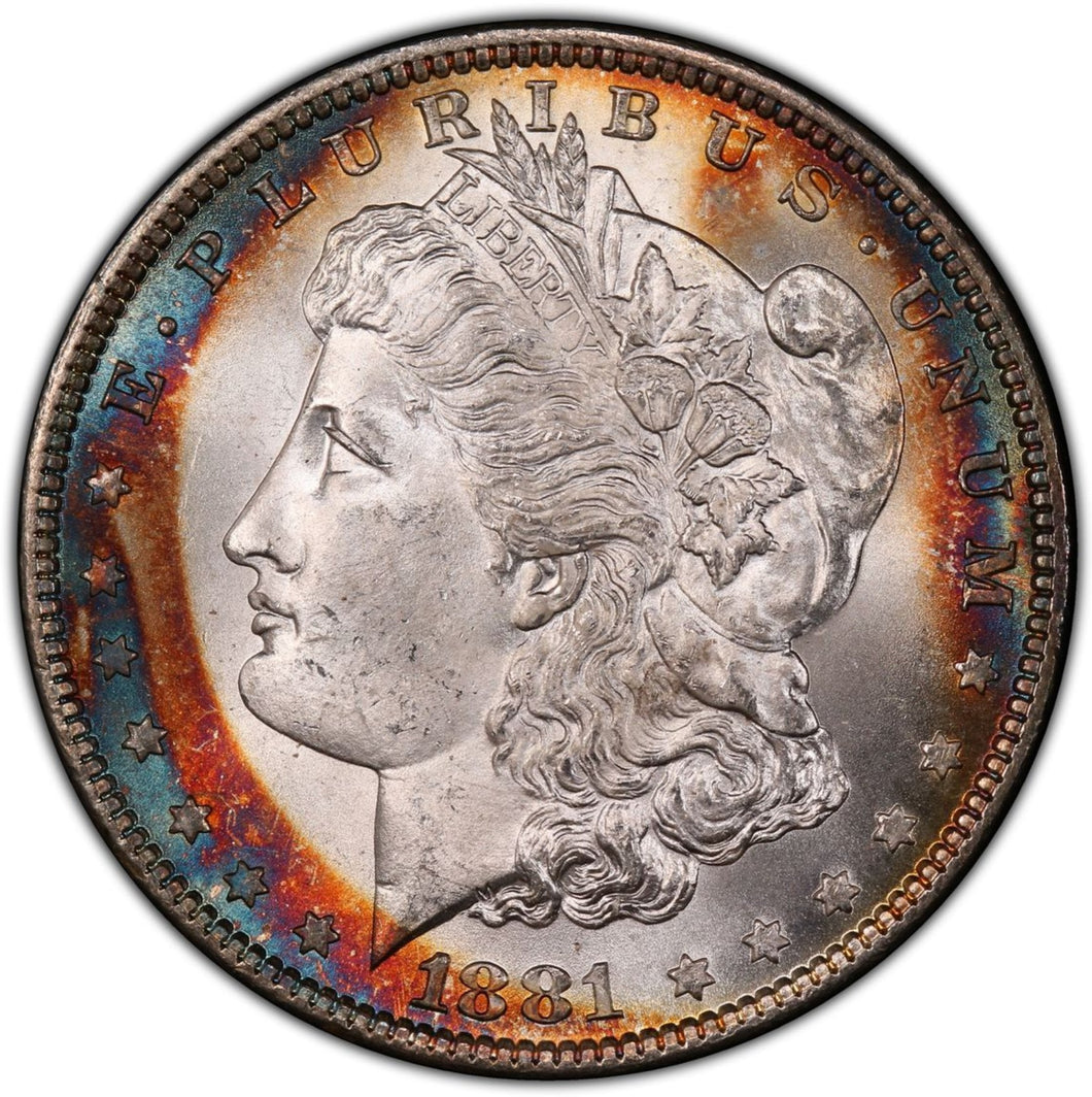 1881-P Morgan Silver Dollar PCGS MS65+  Beautiful Dual Crescent Rainbow Toning