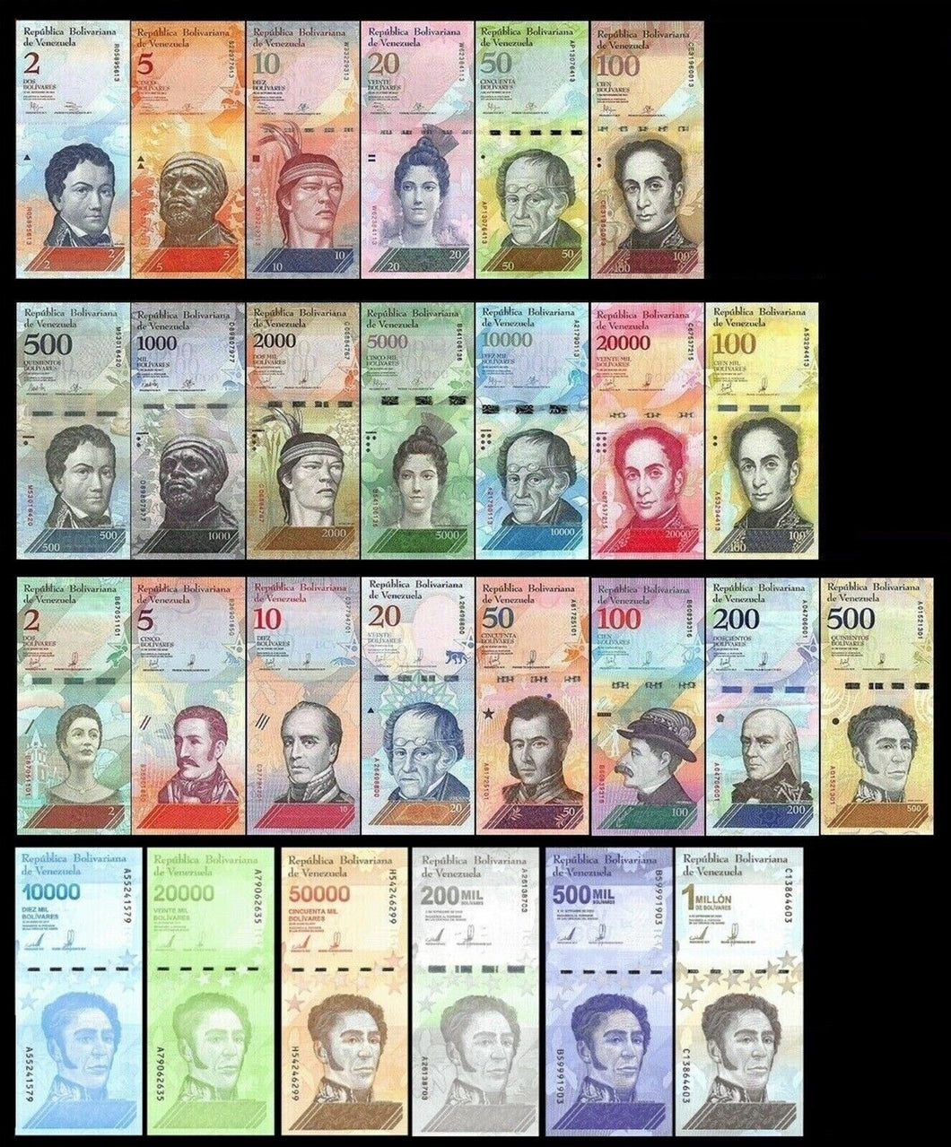 Venezuela Set of 27 Notes - 2-100,000 Bolivares & 2-1mil Soberanos