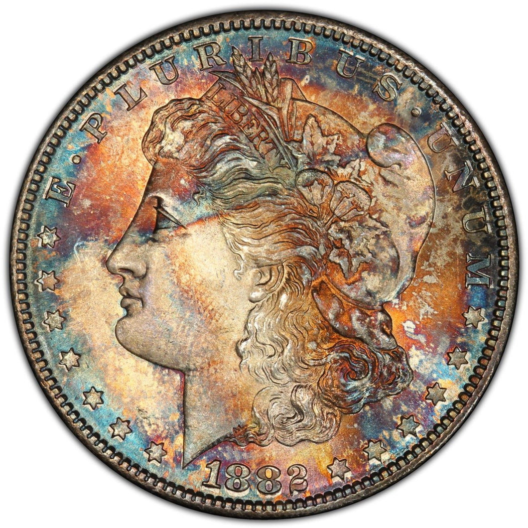 1882-S Morgan Silver Dollar PCGS MS66 -- Blue, Green, Orange and Burgundy Colors